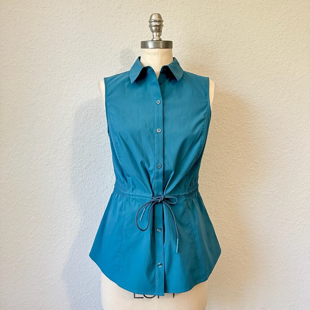 ATHLETA Levitate Poplin Tank Top Teal Blue Button Up Cinched Waist